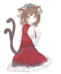 Rule 34 | 1girl, :3, absurdres, animal ear fluff, animal ear piercing, animal ears, brown eyes, brown hair, cat ears, cat tail, chen, closed mouth, commentary request, double-parted bangs, dress, earrings, fang, fang out, frills, from side, full body, green hat, hand up, hat, highres, jewelry, light blush, light smile, looking back, mob cap, multiple tails, nekomata, nox (noxiesart), paw pose, petticoat, puffy short sleeves, puffy sleeves, red dress, short hair, short sleeves, simple background, single earring, sitting, sleeves past wrists, solo, tail, touhou, two tails, white background