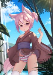 Rule 34 | absurdres, animal ears, commentary, cowboy shot, day, english commentary, gluteal fold, highres, hotel01, japanese clothes, kimono, looking at viewer, obi, original, outdoors, panties, pink eyes, pink hair, sash, short kimono, smile, sorbet (hotel01), striped clothes, striped panties, tail, thighhighs, underwear, water, waterfall, wet, wet clothes, wet hair, white thighhighs, wide sleeves, wolf ears, wolf tail
