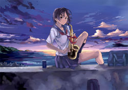 Rule 34 | 1girl, instrument, kno1, legs, ocean, original, outdoors, saxophone, school uniform, serafuku, sky, solo, sunrise, sunset