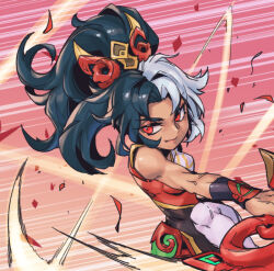 Rule 34 | 1girl, bare shoulders, black hair, breasts, closed mouth, dress, emphasis lines, hair ornament, large breasts, league of legends, mythmaker sivir, phantom ix row, ponytail, red background, red dress, red eyes, shiny skin, sivir, smile, solo, thighhighs, white dress, white hair, white thighhighs