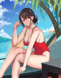 Rule 34 | 1girl, arm support, bad id, bad pixiv id, bare arms, bare shoulders, beach, black hair, blue eyes, blue sky, blush, breasts, cleavage, cloud, collarbone, crossed legs, day, gongba laoge, hair ribbon, hair up, hand up, head tilt, highres, large breasts, leaning forward, long hair, looking at viewer, mole, mole on breast, ocean, one-piece swimsuit, one eye closed, original, outdoors, palm tree, parted lips, red one-piece swimsuit, red ribbon, ribbon, short hair, sidelocks, sitting, sky, solo, swimsuit, thighs, tree