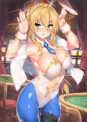 Rule 34 | 1girl, ahoge, animal ears, armpits, artoria pendragon (all), artoria pendragon (fate), artoria pendragon (swimsuit ruler) (fate), bare shoulders, blonde hair, blue necktie, blue pantyhose, blush, braid, breasts, casino, chair, cleavage, clothing cutout, cowboy shot, curtains, detached collar, fake animal ears, fate/grand order, fate (series), fishnet pantyhose, fishnets, french braid, green eyes, hair between eyes, hands up, highleg, highleg leotard, highres, kawai (purplrpouni), large breasts, leotard, long hair, looking at viewer, navel, navel cutout, necktie, pantyhose, parted lips, playboy bunny, poker table, ponytail, rabbit ears, rabbit pose, sidelocks, slot machine, solo, table, thigh strap, tiara, white leotard, wrist cuffs