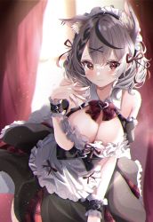Rule 34 | 1girl, :3, animal ear fluff, animal ears, apron, black hair, black skirt, blush, bow, bowtie, breasts, cat ears, cleavage, closed mouth, commentary request, curtains, detached collar, extra ears, frilled apron, frilled skirt, frills, hair ornament, hair ribbon, hand up, highres, hololive, large breasts, looking at viewer, maid headdress, multicolored hair, nail polish, red bow, red bowtie, red eyes, red nails, red ribbon, ribbon, sa-ya2, sakamata chloe, silver hair, skirt, smile, solo, streaked hair, virtual youtuber, white apron, wrist cuffs, x hair ornament