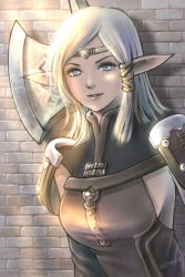 Rule 34 | 1girl, altennia, artist name, axe, blonde hair, blue eyes, breasts, brick wall, circlet, elf, elvaan, eyelashes, final fantasy, final fantasy xi, highres, long hair, looking at viewer, medium breasts, parted lips, pink lips, piyoco, pointy ears, smile, solo, weapon