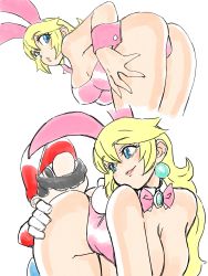 Rule 34 | 1boy, 1girl, animal ears, ass, ass focus, ass grab, bent over, black hair, blonde hair, bow, bowtie, breasts, couple, earrings, facial hair, fake animal ears, formal, hat, highres, jewelry, legs, leotard, mario, mario (series), mustache, nintendo, overalls, pink suit, playboy bunny, princess peach, rabbit ears, red shirt, shirt, suit, thighs, thong, toshinoshin