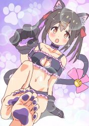 Rule 34 | 1girl, animal ears, barefoot, blush, brown eyes, brown hair, cat ears, cat paws, cat tail, feet, highres, long hair, looking at viewer, onii-chan wa oshimai!, open mouth, oyama mihari, riokasen, soles, tail, toes, twintails