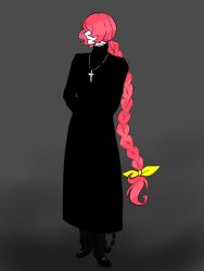 Rule 34 | 1boy, 2018, alien, alternate hairstyle, androgynous, arms behind back, berg katse, black footwear, black pants, bow, braid, braided ponytail, capricious cat, cassock, collarbone, commentary, cross, cross necklace, full body, gatchaman crowds, gradient background, hair between eyes, hair bow, hair tie, jewelry, long hair, male focus, necklace, pale skin, pants, pink hair, priest, shoes, simple background, solo, standing, tail, very long hair, yellow bow