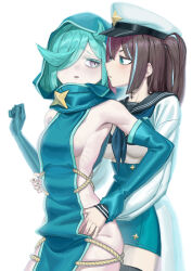 Rule 34 | 2girls, absurdres, armpits, blue eyes, blue gloves, blue hair, blue hood, blue scarf, blush, breasts, brown hair, center opening, dot nose, elbow gloves, feet out of frame, gloves, grey eyes, groin, groping, hair between eyes, hair over one eye, hands on another&#039;s hips, hat, highres, holding another&#039;s wrist, jacket, leberblume, loco musica, long bangs, looking at another, looking back, mahou shoujo ni akogarete, military hat, mohe er~, multicolored hair, multiple girls, nail polish, no panties, open mouth, pleated skirt, sailor collar, scarf, school uniform, sharp teeth, short twintails, sideboob, sideless dress, sideless outfit, simple background, skirt, small breasts, star tattoo, streaked hair, tattoo, teeth, twintails, white jacket, yuri