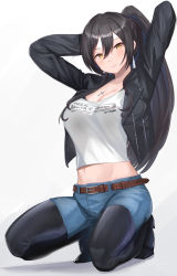 Rule 34 | 1girl, arms up, belt, black footwear, black hair, blouse, blue pants, blush, boots, breasts, brown belt, cleavage, closed mouth, cross, cross necklace, denim, full body, highres, idolmaster, idolmaster shiny colors, jeans, jewelry, kneeling, large breasts, looking at viewer, navel, necklace, pants, ponytail, shirase sakuya, shirt, shougun (chuckni1), smile, solo, thigh boots, thighhighs, thighs, white shirt, yellow eyes