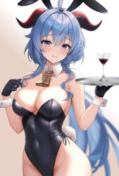 Rule 34 | 1girl, ahoge, animal ears, bare shoulders, bell, black gloves, black leotard, blue hair, blush, breasts, cleavage, covered navel, drink, embarrassed, fake animal ears, fake tail, ganyu (genshin impact), genshin impact, gloves, groin, highleg, highleg leotard, highres, horns, leotard, long hair, looking at viewer, low ponytail, medium breasts, neck bell, playboy bunny, purple eyes, rabbit ears, rabbit tail, sidelocks, skindentation, solo, standing, strapless, strapless leotard, tail, thighs, ton ton tontoro, tray, wrist cuffs