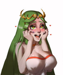 Rule 34 | 1girl, blush, breasts, cleavage, covered erect nipples, green eyes, green hair, hands on own face, heart, heart-shaped pupils, kid icarus, matching hair/eyes, nail polish, nintendo, open mouth, palutena, simple background, solo, symbol-shaped pupils, tiara, triuni, upper body, yandere