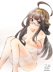 Rule 34 | 10s, 1girl, ahoge, bad id, bad pixiv id, bathing, bespectacled, blush, breasts, brown hair, covering privates, covering breasts, glasses, hairband, kantai collection, kongou (kancolle), long hair, nekobaka, nude, partially submerged, simple background, solo, water, white background