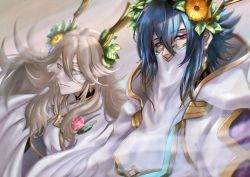 Rule 34 | 1boy, 1girl, absurdres, blue hair, closed mouth, covered mouth, feh xeri, fire emblem, fire emblem heroes, flower, gradient hair, hair between eyes, hair flower, hair ornament, highres, horns, leaf hair ornament, lif (fire emblem), long hair, looking at viewer, mouth veil, multicolored hair, nintendo, official alternate costume, red eyes, robe, see-through, silver hair, smile, thrasir (fire emblem), upper body, veil, white robe, yellow flower