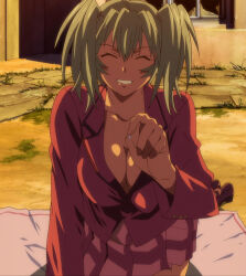 00s 1girl breasts cleavage closed_eyes green_eyes green_hair highres ikkitousen ikkitousen_great_guardians large_breasts ryofu_housen smile solo stitched teeth third-party_edit twintails