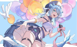 Rule 34 | 1girl, absurdres, ahoge, arm at side, asymmetrical gloves, balloon, beret, bird, black gloves, blue gemstone, blue hair, blue hat, blue horns, blue nails, blue shorts, blue sky, blue tail, border, bow, breasts, bridal gauntlets, commentary request, cowboy shot, cropped shirt, crystal horns, derivative work, detached collar, dudwns, exitus, facial tattoo, fangs, fingernails, gem, gloves, green eyes, hair ribbon, half-skirt, hand up, hat, highres, holding, holding balloon, horns, korean commentary, letterball, long hair, looking at viewer, mismatched gloves, nail polish, open mouth, outside border, paroniie (vtuber), pink bow, pointy ears, ribbon, shirt, shorts, single bridal gauntlet, skirt, sky, small breasts, solo, stomach tattoo, tassel, tattoo, test tube, thigh strap, white bird, white bridal gauntlets, white hat, white ribbon, white shirt, white skirt