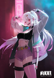 Rule 34 | 1girl, absurdres, belt, blush, breasts, cleavage, collar, collarbone, commentary request, copyright name, crop top, double v, english text, fangs, gloves, goddess of victory: nikke, gradient hair, grey hair, hair ornament, hair ribbon, hairclip, heart sticker, highres, jackal (nikke), jacket, korean commentary, large breasts, long hair, midfinger, multicolored hair, neon sign, open clothes, open jacket, open mouth, pink hair, pink ribbon, pink shorts, red eyes, ribbon, short shorts, shorts, single thighhigh, smile, solo, standing, sticker on face, streaked hair, studded collar, thigh strap, thighhighs, twintails, v, very long hair, white jacket
