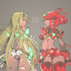 Rule 34 | 2girls, armor, ass, blonde hair, breasts, cleavage cutout, clothing cutout, covered navel, earrings, fingerless gloves, gem, gloves, headpiece, jewelry, large breasts, long hair, looking at viewer, multiple girls, mythra (xenoblade), nintendo, panties, pyra (xenoblade), red eyes, red hair, red shorts, sasaki tomomi, short hair, shorts, shoulder armor, simple background, swept bangs, thigh strap, tiara, underwear, white panties, xenoblade chronicles (series), xenoblade chronicles 2, yellow eyes