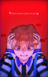 Rule 34 | 1boy, blue eyes, crying, crying with eyes open, english text, kayano mikoto, male focus, milgram, non-web source, red background, red hair, sopenarian0531, tears