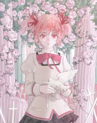 Rule 34 | 1girl, absurdres, animal, bandaged wings, bandages, bird, blood, bow, bowtie, collared jacket, column, commentary, cross, dove, flower, frown, hair ribbon, highres, holding, holding animal, holding bird, jacket, juliet sleeves, kaname madoka, leaf, long sleeves, looking at viewer, mahou shoujo madoka magica, mahou shoujo madoka magica (anime), mitakihara school uniform, parted lips, pillar, pink eyes, pink flower, pink hair, pink rose, plant, puffy sleeves, red bow, red bowtie, ribbon, rose, school uniform, short hair, short twintails, solo, somnio000, standing, straight-on, twintails, upper body, vines, white bird, yellow jacket