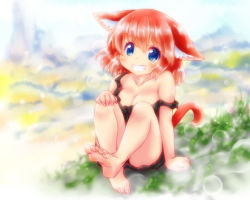 Rule 34 | 1girl, animal ears, bare shoulders, barefoot, blue eyes, blush, breasts, cat ears, cat tail, cleavage, dress, feet, grin, original, red hair, rokuroubuna, short hair, smile, soles, solo, strap slip, tail, toes