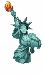 Rule 34 | 1girl, absurdres, breasts, colored skin, commentary, dress, english commentary, fire, fourth of july, green dress, green hair, green skin, hairband, highres, looking at viewer, open mouth, personification, real life, simple background, sole gem, solo, spiked hairband, spikes, statue of liberty, united states, white background