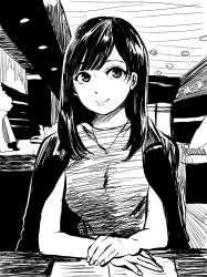 Rule 34 | 1girl, arms on table, bad id, bad twitter id, black hair, black jacket, breasts, dot nose, fingernails, greyscale, hand on hand, highres, jacket, jacket on shoulders, jewelry, looking at viewer, medium breasts, medium hair, monochrome, necklace, nikaidou kou, original, own hands together, shirt, sitting, sketch, smile, solo
