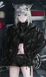 1girl absurdres animal_ears arknights black_jacket black_shirt black_shorts commentary cowboy_shot crop_top dumi grey_eyes hair_between_eyes hair_ornament hairclip highres jacket lappland_(arknights) long_hair long_sleeves looking_at_viewer material_growth midriff navel oripathy_lesion_(arknights) scar scar_across_eye scar_on_face shirt short_shorts shorts silver_hair solo standing stomach sword thighs weapon wolf_ears