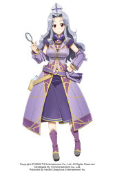 Rule 34 | 1girl, arksign, belt, boots, bottle, breasts, brooch, covered erect nipples, detached sleeves, dress, full body, grey (arksign), hand on own hip, hat, highres, jewelry, kimura shigetaka, light purple hair, long hair, magnifying glass, medium breasts, official art, pouch, red eyes, simple background, smile, solo, wavy hair, white background
