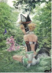 Rule 34 | 1girl, animal ears, bird, blonde hair, crop top, cyberconnect2, flower, forest, gloves, goggles, green eyes, hat, highres, midriff, nature, neptune (series), scan, short hair, smile, solo, tail