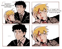 Rule 34 | ..., 2boys, 4koma, black hair, blonde hair, blood, blood on face, closed mouth, collared shirt, comic, commentary, deez nuts (meme), english commentary, english text, hand on another&#039;s head, looking at another, male focus, meme, mob psycho 100, mp100days, multiple boys, necktie, open mouth, reigen arataka, serizawa katsuya, shirt, short hair, simple background, smile, white background