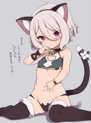 Rule 34 | 1girl, animal ear fluff, animal ears, antenna hair, bangle, bare shoulders, bell, black hairband, black panties, black thighhighs, blush, bracelet, breasts, cat cutout, cat ear panties, cat ears, cat girl, cat tail, closed mouth, clothing cutout, crop top, eyebrows hidden by hair, fake animal ears, flower, flying sweatdrops, fur-trimmed legwear, fur trim, gamuo, grey background, grey hair, groin, hair between eyes, hairband, hand up, jewelry, jingle bell, kokkoro (princess connect!), navel, panties, pointy ears, princess connect!, purple eyes, simple background, sitting, small breasts, solo, sweat, tail, tail flower, tail ornament, tail raised, thighhighs, translation request, underwear, wariza, white flower