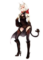 Rule 34 | 1girl, animal ears, animal hands, bell, black footwear, black thighhighs, blush, boots, bow, cat ears, cat paws, cat tail, character request, copyright request, high heel boots, high heels, highres, knee boots, looking at viewer, red bow, red eyes, short hair, smile, solo, tail, thighhighs, white hair, wu (4401153)
