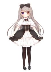 Rule 34 | 1girl, :o, black bow, black footwear, black skirt, blush, bow, breasts, brown eyes, brown pantyhose, center frills, collared shirt, commentary request, flower, frills, full body, grey hair, hair bow, heterochromia, high-waist skirt, lolita fashion, long hair, medium breasts, original, pantyhose, parted lips, puffy short sleeves, puffy sleeves, purple eyes, red flower, red rose, rose, shirt, shoes, short sleeves, simple background, skirt, solo, standing, very long hair, white background, white shirt, yukiyuki 441