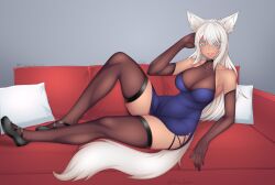 Rule 34 | 1girl, absurdres, animal ears, blue eyes, breasts, cat ears, cat girl, cat tail, emma pressure, highres, legs, long hair, mature female, medium breasts, simple background, smile, solo, tail, thighhighs, thighs