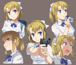 Rule 34 | 1girl, aiming, bag, blonde girl (itou), blonde hair, blue eyes, blush, bow, character sheet, drink, expressions, foreshortening, gun, handgun, highres, itou (onsoku tassha), open mouth, original, pistol, ponytail, product placement, profile, red bull, school bag, school uniform, shell casing, short hair, sig sauer, simple background, smile, upper body, weapon