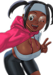 Rule 34 | 1girl, arung samudra (cessa), bent over, bike shorts, black eyes, black hair, breasts, cessa, commentary, cropped hoodie, dark-skinned female, dark skin, edie crop hoodie, english commentary, glasses, hood, hoodie, large breasts, looking at viewer, meme attire, ombok diving and delivery services, one eye closed, round eyewear, selfie, solo, strapless, tongue, tongue out, tube top, twintails