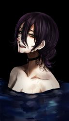 Rule 34 | 1girl, black choker, blood, breasts, chainsaw man, choker, cleavage, completely nude, from side, green eyes, hair between eyes, hair bun, highres, hoshi san 3, looking at viewer, nosebleed, nude, partially submerged, purple hair, reze (chainsaw man), solo, upper body