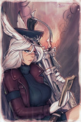 Rule 34 | 1girl, animal ears, armband, bbc-chan, belt, blue eyes, book, breasts, rabbit ears, coat, commentary, commission, dirty, dirty face, english commentary, final fantasy, final fantasy xiv, gloves, gunblade, gunbreaker (final fantasy), hat, highres, holding, holding sword, holding weapon, large breasts, lips, long hair, loose belt, nose, open book, open clothes, open coat, peaked cap, reading, ribbed sweater, scar, shorts, silver hair, sitting, solo, sweater, sword, turtleneck, turtleneck sweater, viera, weapon, white gloves