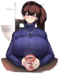 Rule 34 | 1girl, alternate breast size, blue sweater, blush, breasts, brown eyes, brown hair, cup, earrings, highres, holding, holding cup, huge breasts, jewelry, kaga (kancolle), kantai collection, konoshige (ryuun), long hair, long sleeves, looking at viewer, necklace, ribbed sweater, ring, side ponytail, sitting, solo, sweater, table, turtleneck, turtleneck sweater, wedding band, window