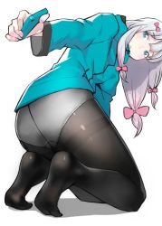Rule 34 | 10s, 1girl, ass, bad id, bad pixiv id, blue eyes, blush, bow, cellphone, closed mouth, eromanga sensei, feet, from behind, frown, gusset, hair bow, highres, holding, holding phone, izumi sagiri, kneeling, long hair, long sleeves, looking at viewer, looking back, no pants, no shoes, panties, panties under pantyhose, pantyhose, phone, pink bow, ribbon, seamed legwear, selfie, silver hair, soles, solo, underwear, white background, yomu (sgt epper)