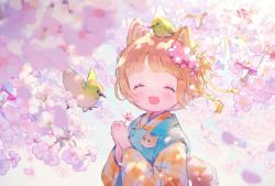 Rule 34 | 1girl, animal ears, bird, blonde hair, cherry blossoms, chromatic aberration, conago, dog ears, fang, flower, hair flower, hair ornament, japanese clothes, kimono, long sleeves, open mouth, original, shiba inu, short hair, skin fang, smile, solo, thick eyebrows