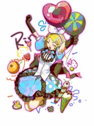 Rule 34 | 1girl, absurdres, arms up, back bow, balloon, black bow, black footwear, black gloves, blue ribbon, blue skirt, bow, breasts, character name, closed eyes, elbow gloves, food, frilled skirt, frills, fruit, gloves, hair bow, hair ornament, hairclip, headphones, heart balloon, highres, holding, holding balloon, ice cream, ice cream cone, iuew, jumping, kagamine rin, neck ribbon, open mouth, orange (fruit), puffy short sleeves, puffy sleeves, ribbon, shirt, short hair, short sleeves, skirt, small breasts, smile, solo, vocaloid, white bow, white shirt, x hair ornament