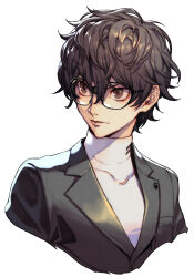 Rule 34 | 1boy, amamiya ren, black coat, black hair, brown eyes, coat, cropped torso, expressionless, glasses, grey shirt, hair between eyes, hungry clicker, male focus, persona, persona 5, portrait, shadow, shirt, short hair, simple background, solo, white background
