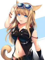 Rule 34 | 1girl, animal ears, warrior of light (ff14), breasts, cat ears, cat girl, cat tail, closed mouth, eyewear on head, final fantasy, final fantasy xiv, highres, light brown hair, long hair, looking at viewer, medium breasts, miqo&#039;te, nanase kokono, navel, signature, slit pupils, smile, solo, straight hair, sunglasses, tail, tongue, tongue out, white-framed eyewear