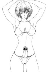 Rule 34 | 1girl, armpits, ayanami rei, bikini, breasts, breasts apart, censored, cowboy shot, dusty heaven, erection, futanari, greyscale, hair between eyes, large areolae, looking at viewer, monochrome, neon genesis evangelion, penis, pointless censoring, removable censorship, simple background, skindentation, solo, swimsuit, white background