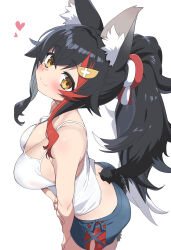 Rule 34 | 1girl, animal ear fluff, animal ears, bare shoulders, black hair, blue shorts, blush, breasts, cleavage, closed mouth, flipped hair, hair between eyes, hair ornament, hairclip, heart, highres, hiroikara (smhong04), hololive, kouhaku nawa, long hair, looking at viewer, medium breasts, motor vehicle, multicolored hair, ookami mio, ponytail, red hair, rope, shimenawa, shorts, simple background, smile, solo, streaked hair, tail, tail around own leg, tail wrap, tank top, virtual youtuber, white background, white tank top, wolf ears, wolf girl, wolf tail, yellow eyes