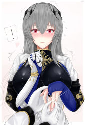 Rule 34 | 1girl, archstreal, azur lane, blush, breasts, embarrassed, gauntlets, gloves, grey hair, hair between eyes, hair ribbon, highres, holding, holding jewelry, holding ring, jewelry, long hair, looking at viewer, marriage proposal, mole, mole under eye, ornate ring, red eyes, ribbon, ring, saint-louis (azur lane), simple background, solo, solo focus, tagme, wedding ring, white background, white gloves
