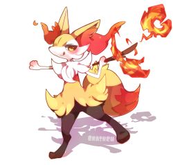 Rule 34 | 1girl, animal ear fluff, animal ears, animal hands, animal nose, arm up, black fur, blush, body fur, braixen, character name, closed mouth, creatures (company), english text, female focus, fire, flat chest, fox ears, fox girl, fox tail, furry, furry female, game freak, gen 6 pokemon, hand up, happy, holding, holding stick, leg up, legs, licking lips, looking at viewer, multicolored fur, neck fur, nintendo, outstretched arm, pokemon, pokemon (creature), shira (sirairo116), sideways mouth, simple background, smile, snout, solo, standing, standing on one leg, stick, tail, tongue, tongue out, white background, white fur, yellow eyes, yellow fur