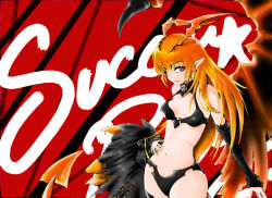 Rule 34 | 1girl, bare shoulders, bikini, breasts, demon girl, elbow gloves, female focus, gloves, hand on own hip, hip focus, long hair, looking at viewer, lord of vermilion, navel, orange hair, pointy ears, red eyes, smile, solo, demon girl, succubus (lord of vermilion), swimsuit