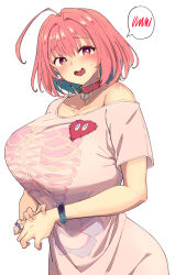 Rule 34 | 1girl, absurdres, ahoge, aqua hair, aqua wristband, bangle, belt, belt collar, belt collar, blush, bob cut, bracelet, breasts, choker, collar, collarbone, colored inner hair, commentary, earrings, fang, hair intakes, heart-shaped lock, heart collar, highres, huge breasts, idolmaster, idolmaster cinderella girls, idolmaster cinderella girls starlight stage, jewelry, looking at viewer, multicolored hair, off shoulder, open mouth, own hands together, pill earrings, pill ring, pink belt, pink choker, pink collar, pink eyes, pink hair, revision, ring, short sleeves, simple background, skeleton print, smile, solo, speech bubble, stuffed toy, sweatdrop, teeth, two-tone hair, umeshiba121, white background, yumemi riamu